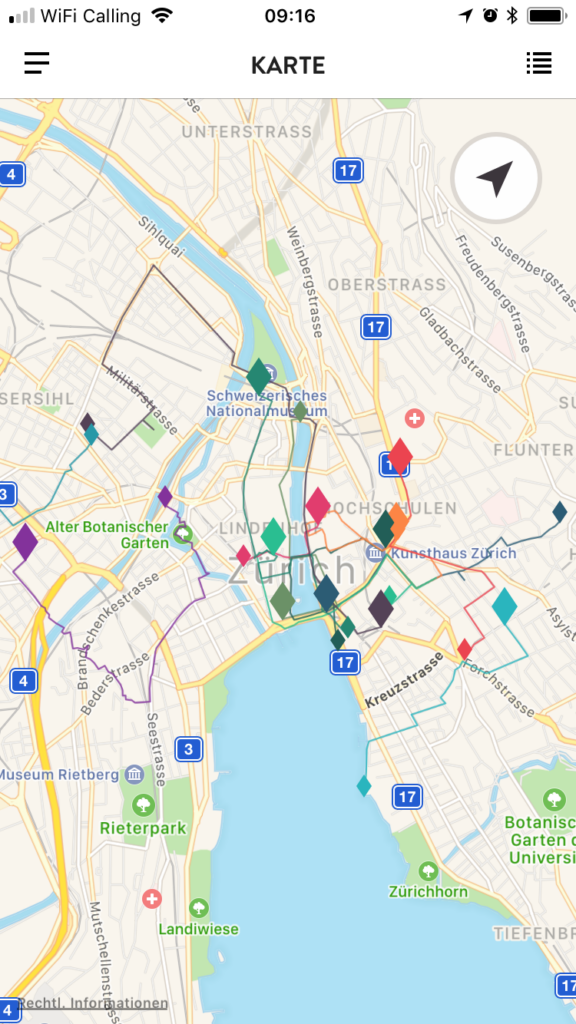 Stadtplan von Zürich mit mehreren Routen eingezeichnet